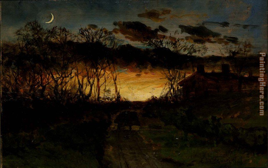 Edward Mitchell Bannister sunset with quarter moon and farmhouse